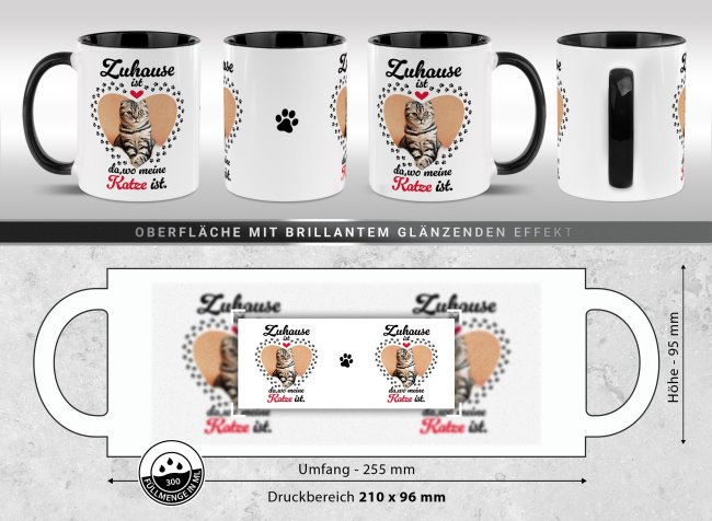 Katzen-Tasse mit Foto selbst gestalten - Zuhause ist da, wo meine Katze ist - Innen &amp; Henkel Schwarz