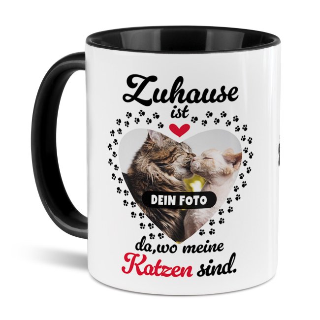 Katzen-Tasse mit Foto selbst gestalten - Zuhause ist da, wo meine Katzen sind - Innen &amp; Henkel Schwarz