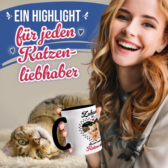Katzen-Tasse mit Foto selbst gestalten - Zuhause ist da, wo meine Katzen sind - Innen &amp; Henkel Schwarz