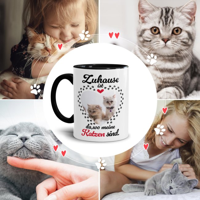 Katzen-Tasse mit Foto selbst gestalten - Zuhause ist da, wo meine Katzen sind - Innen &amp; Henkel Schwarz