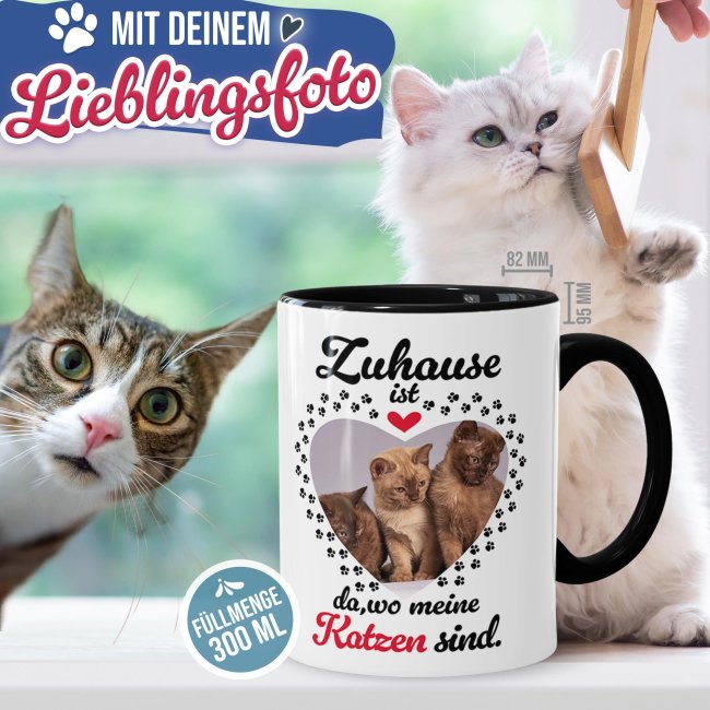 Katzen-Tasse mit Foto selbst gestalten - Zuhause ist da, wo meine Katzen sind - Innen &amp; Henkel Schwarz