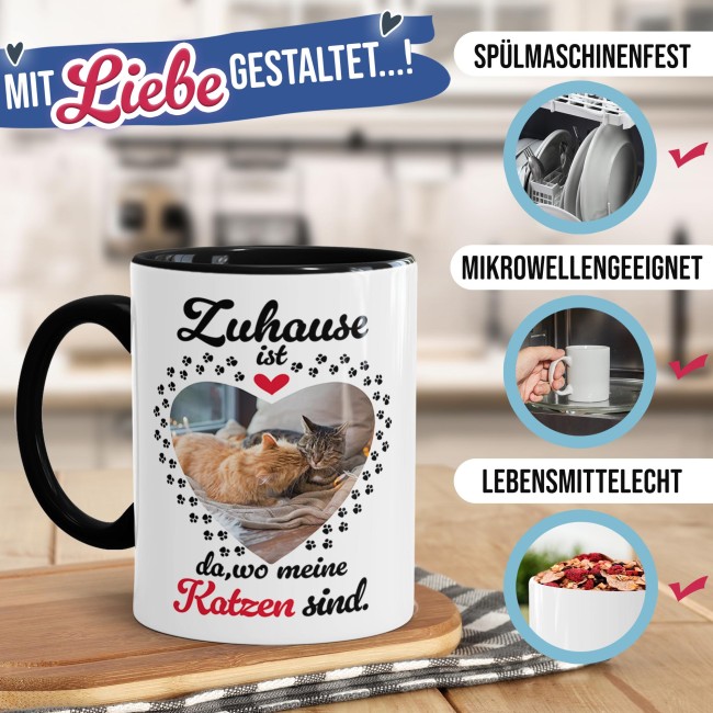 Katzen-Tasse mit Foto selbst gestalten - Zuhause ist da, wo meine Katzen sind - Innen &amp; Henkel Schwarz