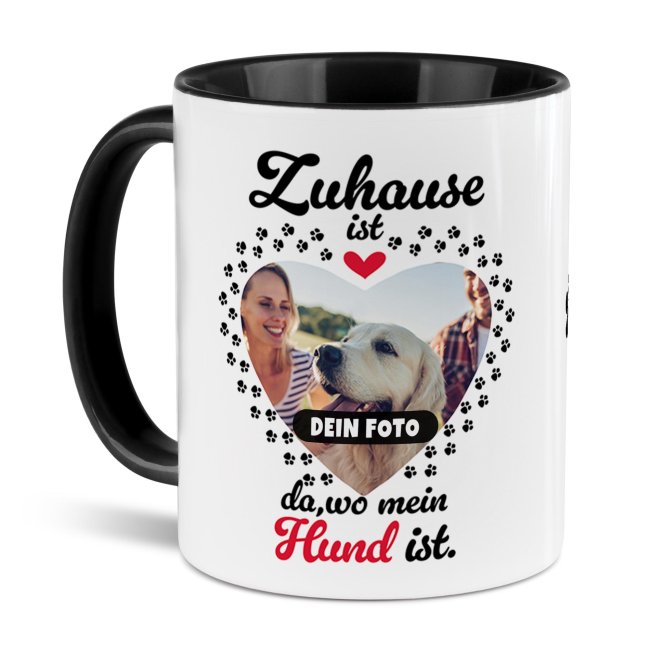 Hunde-Tasse mit Foto selbst gestalten - Zuhause ist da, wo mein Hund ist - Innen &amp; Henkel Schwarz