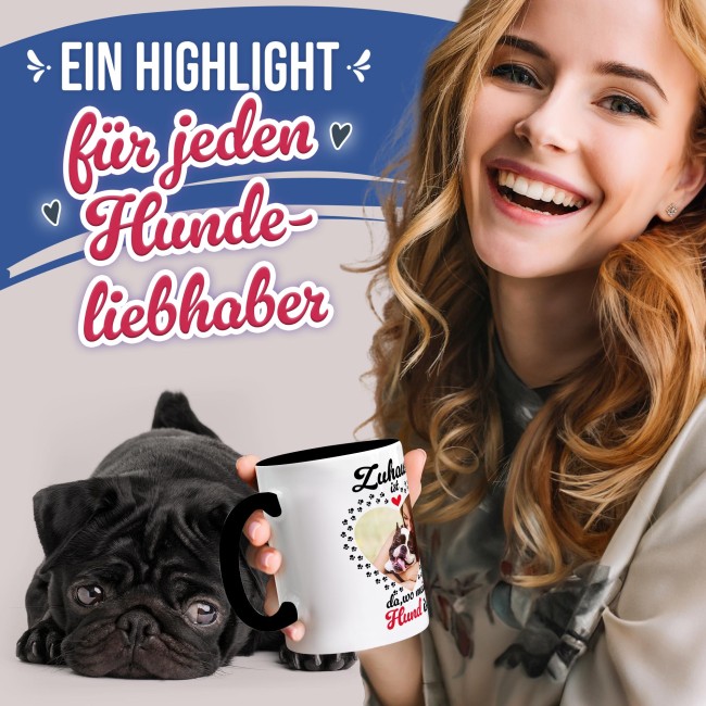 Hunde-Tasse mit Foto selbst gestalten - Zuhause ist da, wo mein Hund ist - Innen &amp; Henkel Schwarz