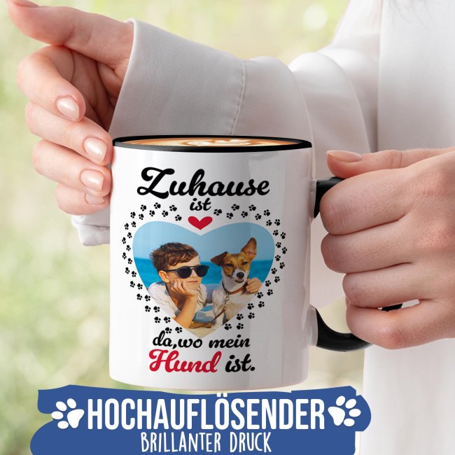 Hunde-Tasse mit Foto selbst gestalten - Zuhause ist da, wo mein Hund ist - Innen &amp; Henkel Schwarz