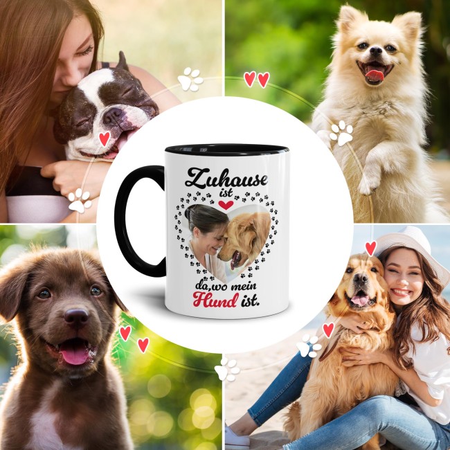 Hunde-Tasse mit Foto selbst gestalten - Zuhause ist da, wo mein Hund ist - Innen &amp; Henkel Schwarz