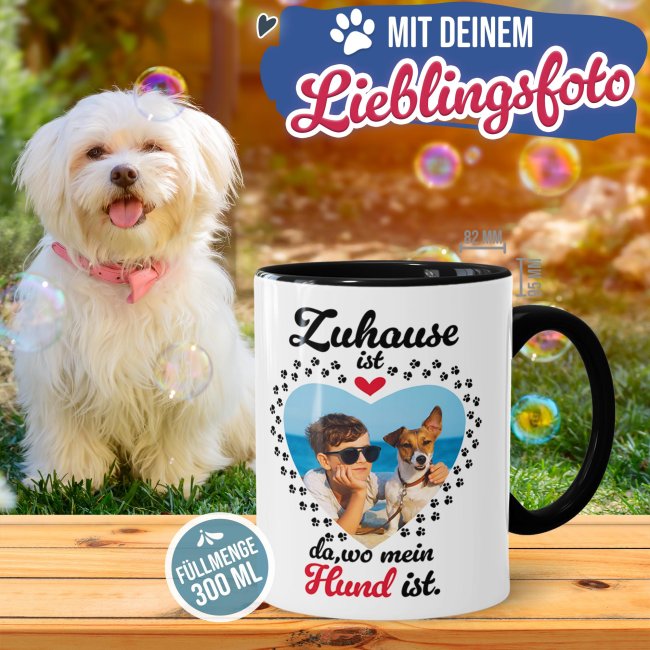 Hunde-Tasse mit Foto selbst gestalten - Zuhause ist da, wo mein Hund ist - Innen &amp; Henkel Schwarz