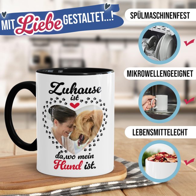 Hunde-Tasse mit Foto selbst gestalten - Zuhause ist da, wo mein Hund ist - Innen &amp; Henkel Schwarz