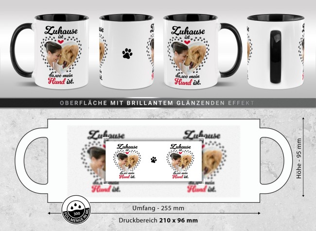 Hunde-Tasse mit Foto selbst gestalten - Zuhause ist da, wo mein Hund ist - Innen &amp; Henkel Schwarz