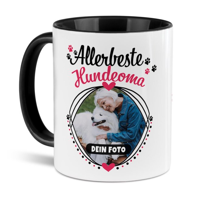 Tasse mit Spruch - Allerbeste Hundeoma - mit Foto gestalten - Innen &amp; Henkel Schwarz