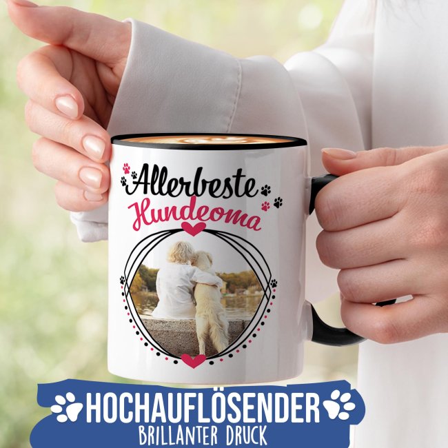 Tasse mit Spruch - Allerbeste Hundeoma - mit Foto gestalten - Innen &amp; Henkel Schwarz
