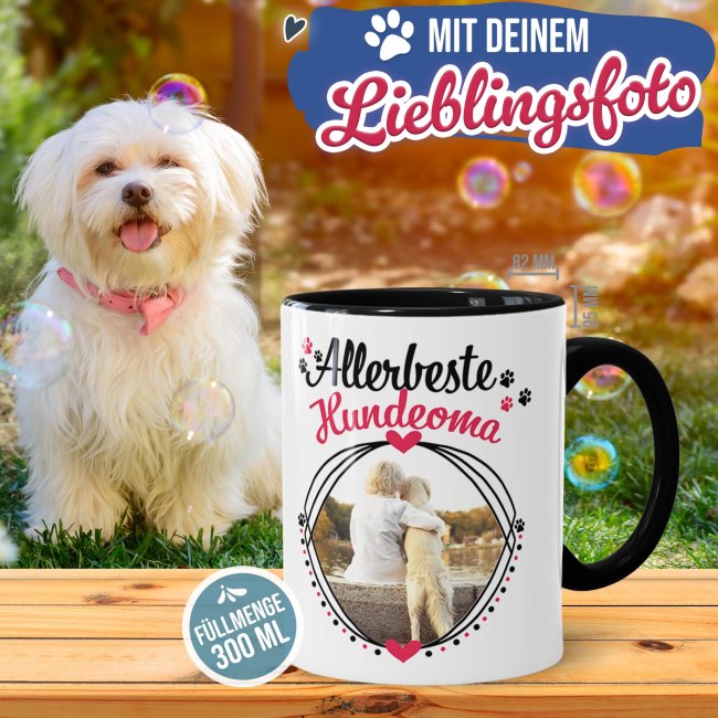 Tasse mit Spruch - Allerbeste Hundeoma - mit Foto gestalten - Innen &amp; Henkel Schwarz