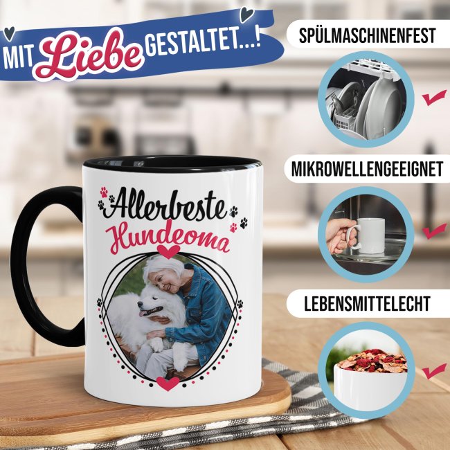 Tasse mit Spruch - Allerbeste Hundeoma - mit Foto gestalten - Innen &amp; Henkel Schwarz