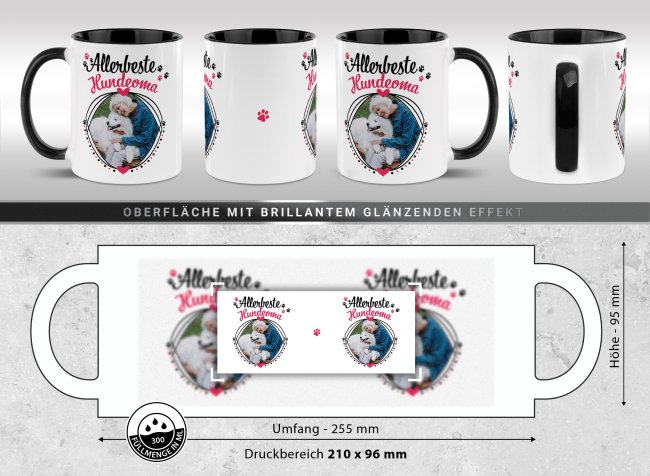 Tasse mit Spruch - Allerbeste Hundeoma - mit Foto gestalten - Innen &amp; Henkel Schwarz