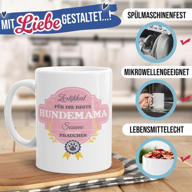 Hunde-Tasse f&uuml;r die beste Hundemama - mit 2 Fotos und 3 Namen selbst gestalten