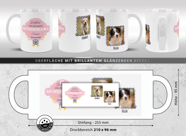 Hunde-Tasse f&uuml;r die beste Hundemama - mit 2 Fotos und 3 Namen selbst gestalten