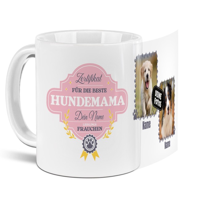 Hunde-Tasse f&uuml;r die beste Hundemama - mit 2 Fotos und 3 Namen selbst gestalten