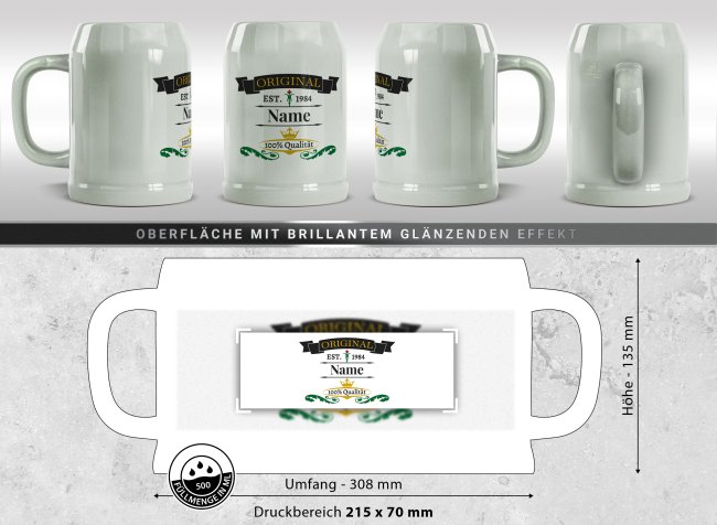 Bierkrug mit Name und Jahr bedrucken - Original - Keramik grau, 500 ml