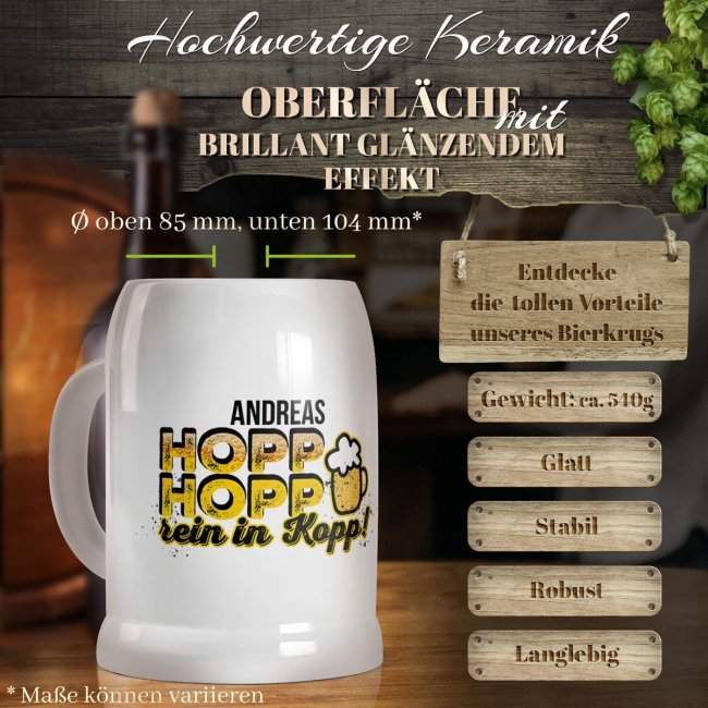 Personalisierter Bierkrug mit Name - Hopp, Hopp rein in Kopp! - Keramik
