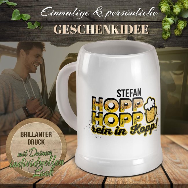 Personalisierter Bierkrug mit Name - Hopp, Hopp rein in Kopp! - Keramik