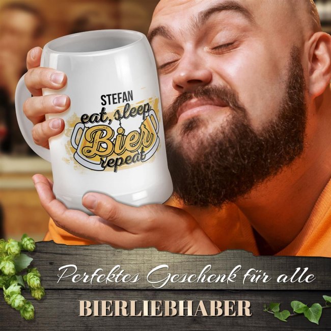 Personalisierter Bierkrug - Eat, sleep, Bier, repeat - mit Name gestalten - Keramik