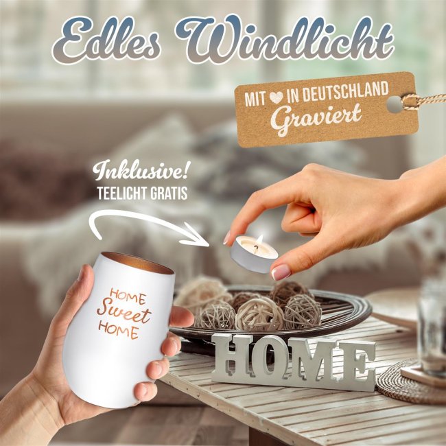 Wei&szlig;es Windlicht mit Gravur - mit 5 Zeilen Text selbst gestalten - inkl. Teelicht - Innen Bronze