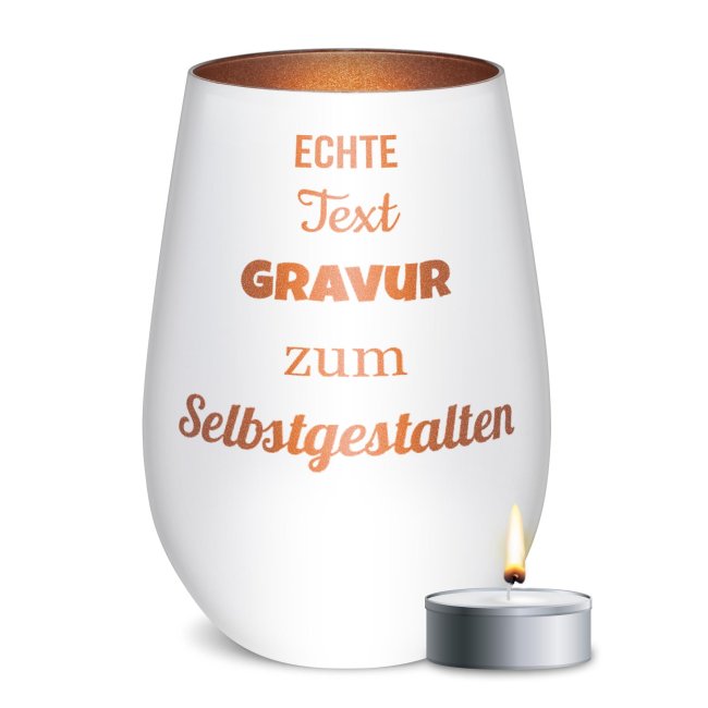 Wei&szlig;es Windlicht mit Gravur - mit 5 Zeilen Text selbst gestalten - inkl. Teelicht - Innen Bronze