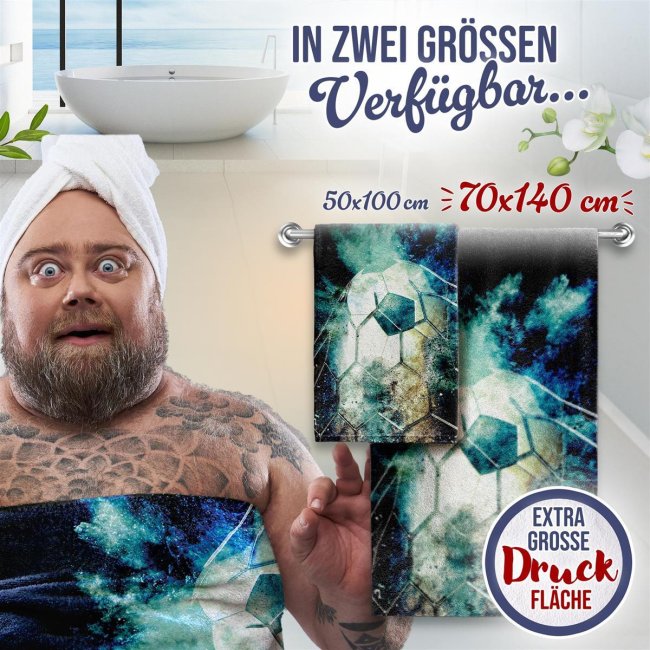 Personalisiertes Handtuch f&uuml;r Fu&szlig;ballspieler und Fans - 2 Gr&ouml;&szlig;en