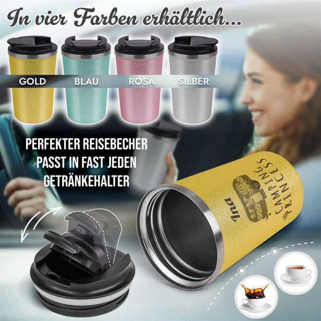 To Go Edelstahlbecher Glitzer - Camping Princess - mit Name