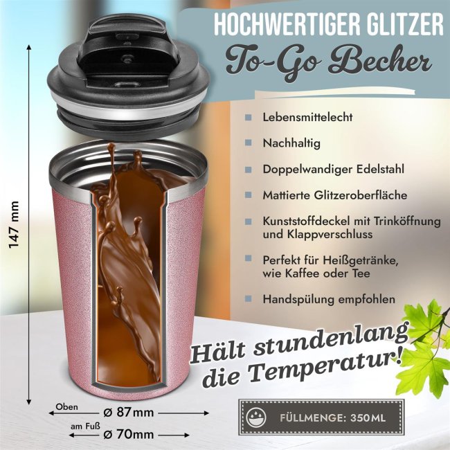 To Go Edelstahlbecher Glitzer - Gl&uuml;ck ist eine Freundin wie dich - mit Name -  350 ml - Rosa