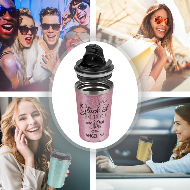 To Go Edelstahlbecher Glitzer - Gl&uuml;ck ist eine Freundin wie dich - mit Name -  350 ml - Rosa