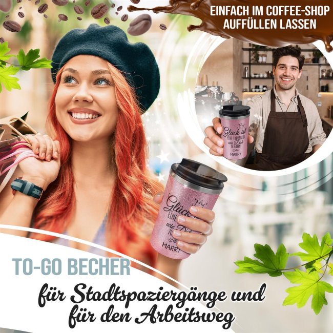 To Go Edelstahlbecher Glitzer - Gl&uuml;ck ist eine Freundin wie dich - mit Name -  350 ml - Rosa