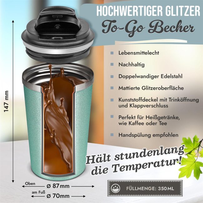 To Go Edelstahlbecher Glitzer - Sch&ouml;n, dass es dich gibt - mit Name -  350 ml - Blau