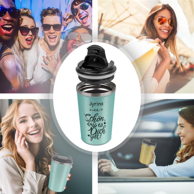 To Go Edelstahlbecher Glitzer - Sch&ouml;n, dass es dich gibt - mit Name -  350 ml - Blau