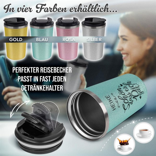 To Go Edelstahlbecher Glitzer - Sch&ouml;n, dass es dich gibt - mit Name -  350 ml - Blau