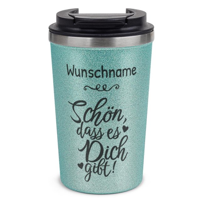 To Go Edelstahlbecher Glitzer - Sch&ouml;n, dass es dich gibt - mit Name -  350 ml - Blau
