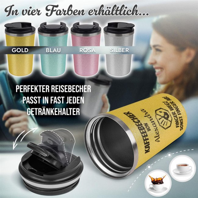 To Go Edelstahlbecher Glitzer - Finger weg! Sonst Finger ab! - mit Name