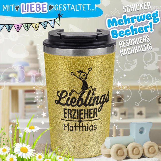 To Go Edelstahlbecher Glitzer - Lieblings-Erzieher - mit Name