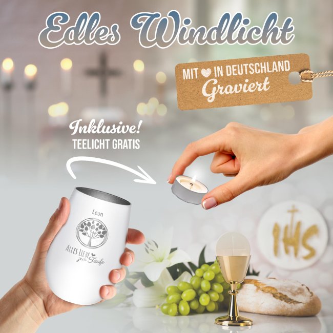 Wei&szlig;es Windlicht  mit Gravur - Alles Liebe zur Taufe - mit Name - inkl. Teelicht