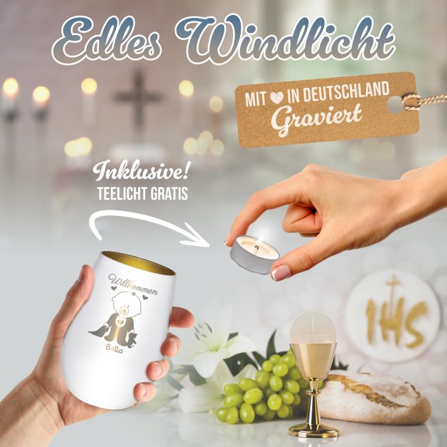 Wei&szlig;es Windlicht mit Gravur - Willkommen Baby - mit Name - inkl. Teelicht