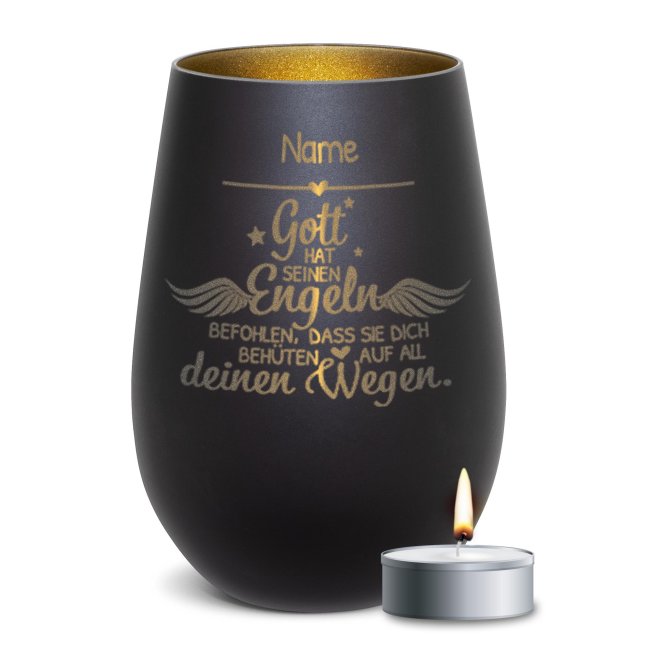 Schwarzes Windlicht mit Gravur - Gott hat seinen Engeln - mit Name - inkl. Teelicht - Innen Gold