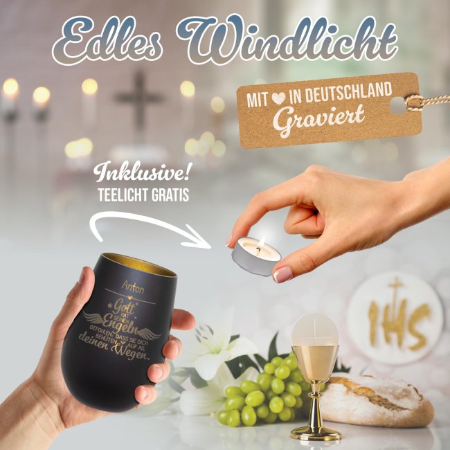 Schwarzes Windlicht mit Gravur - Gott hat seinen Engeln - mit Name - inkl. Teelicht - Innen Gold