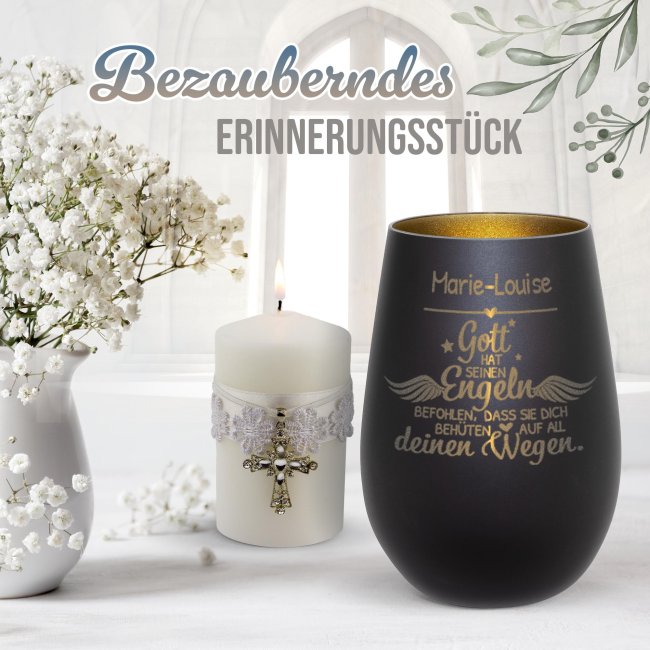 Schwarzes Windlicht mit Gravur - Gott hat seinen Engeln - mit Name - inkl. Teelicht - Innen Gold