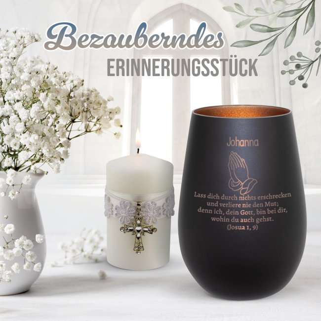 Schwarzes Windlicht mit Gravur - Betende H&auml;nde - Verlier nie den Mut - mit Name - inkl. Teelicht - Innen Bronze