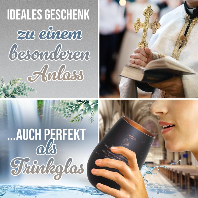 Schwarzes Windlicht mit Gravur - Betende H&auml;nde - Verlier nie den Mut - mit Name - inkl. Teelicht - Innen Bronze