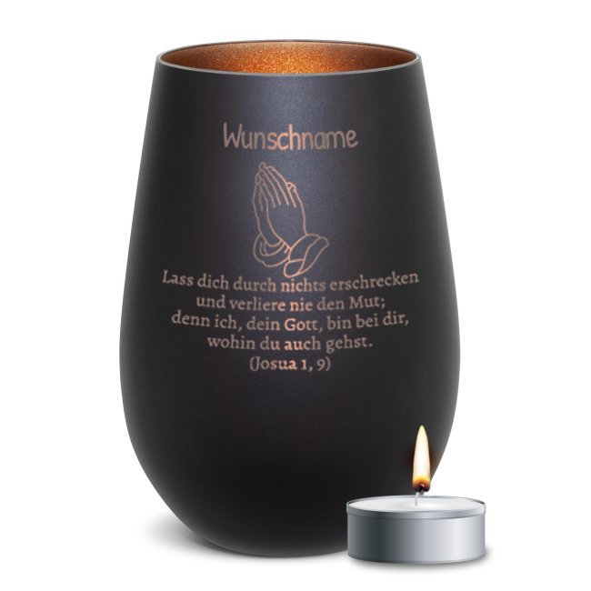 Schwarzes Windlicht mit Gravur - Betende H&auml;nde - Verlier nie den Mut - mit Name - inkl. Teelicht - Innen Bronze