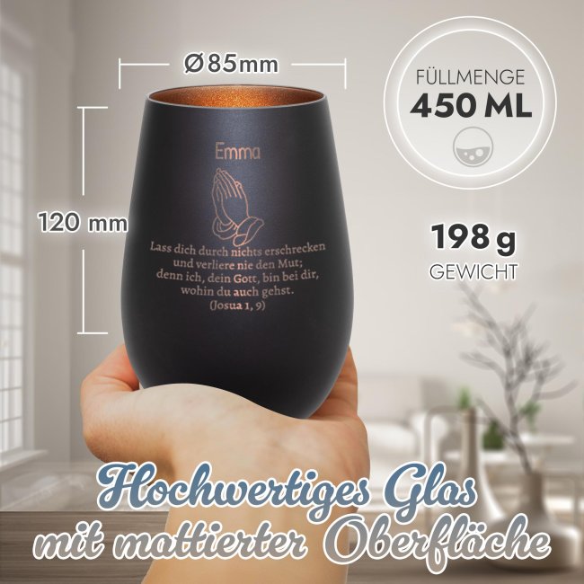 Schwarzes Windlicht mit Gravur - Betende H&auml;nde - Verlier nie den Mut - mit Name - inkl. Teelicht - Innen Bronze