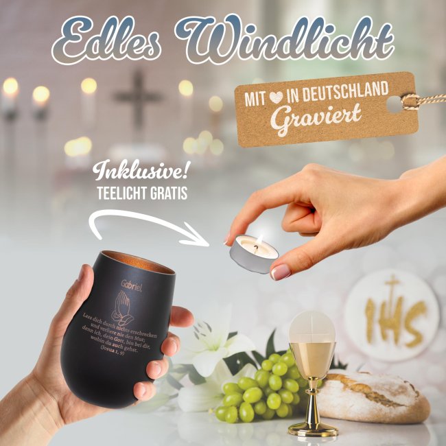 Schwarzes Windlicht mit Gravur - Betende H&auml;nde - Verlier nie den Mut - mit Name - inkl. Teelicht - Innen Bronze