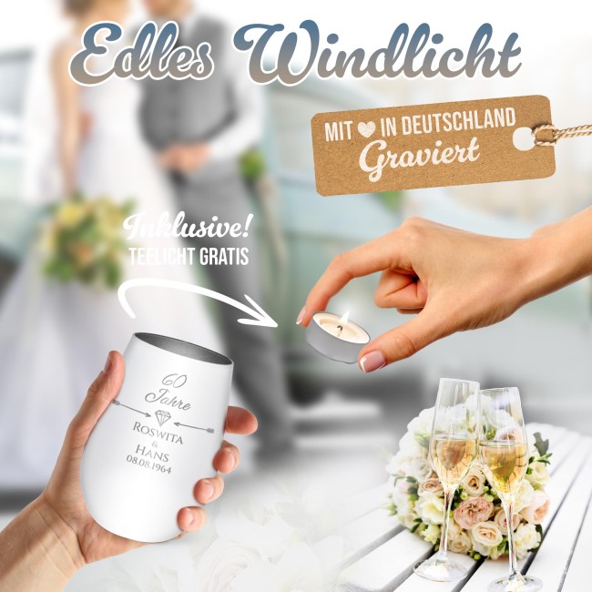Wei&szlig;es Windlicht mit Gravur - 60 Jahre - mit Namen und Datum - inkl. Teelicht - Innen Silber