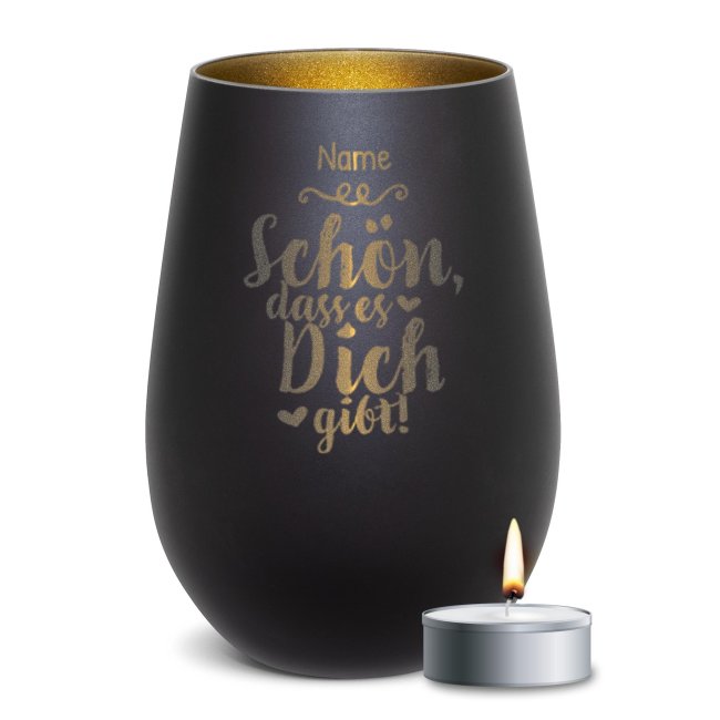Schwarzes Windlicht mit Gravur - Sch&ouml;n, dass es dich gibt - mit Name - inkl. Teelicht - Innen Gold